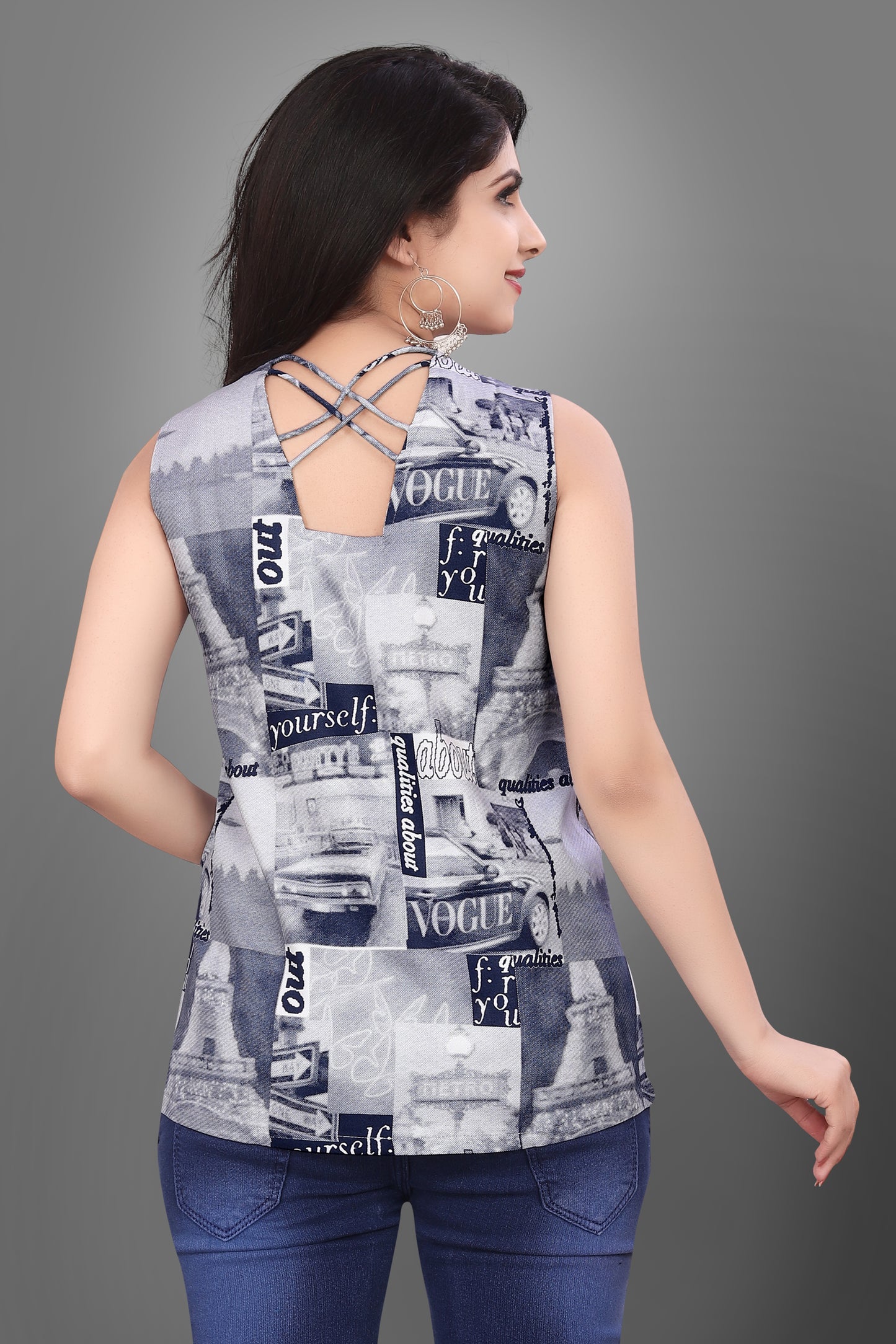 SUR-T Casual Sleeveless Printed Women Navy Blue Top