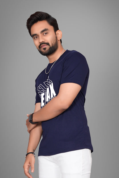 SUR-T Men Printed, Typography Round Neck Polyester Navy Blue T-Shirt