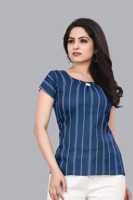 SUR-T Casual Regular Sleeves Striped Women Navy Blue Top