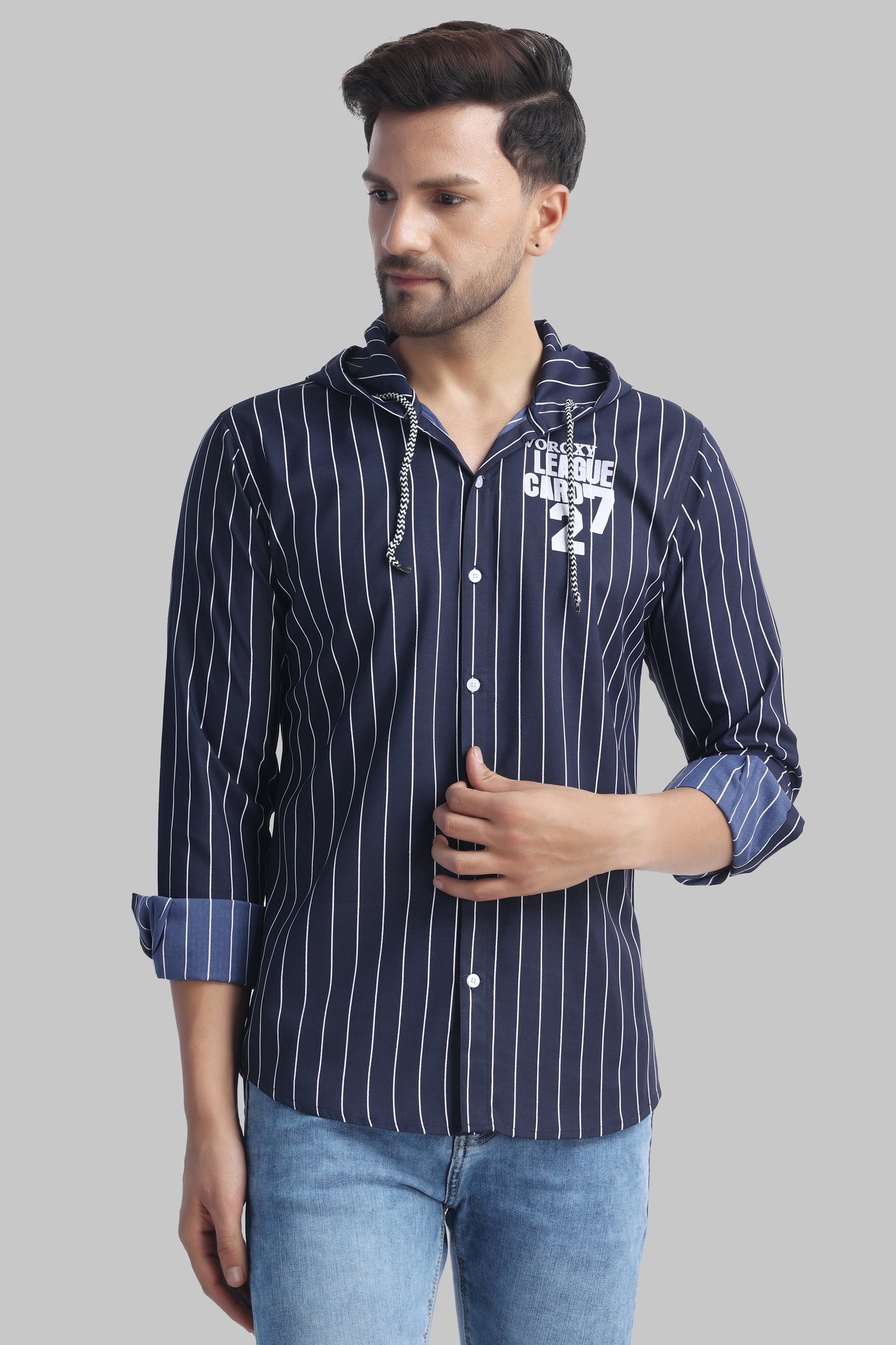 SUR-T Men's Regular Fit Striped Ribbed Collar Casual Navy Blue Shirt