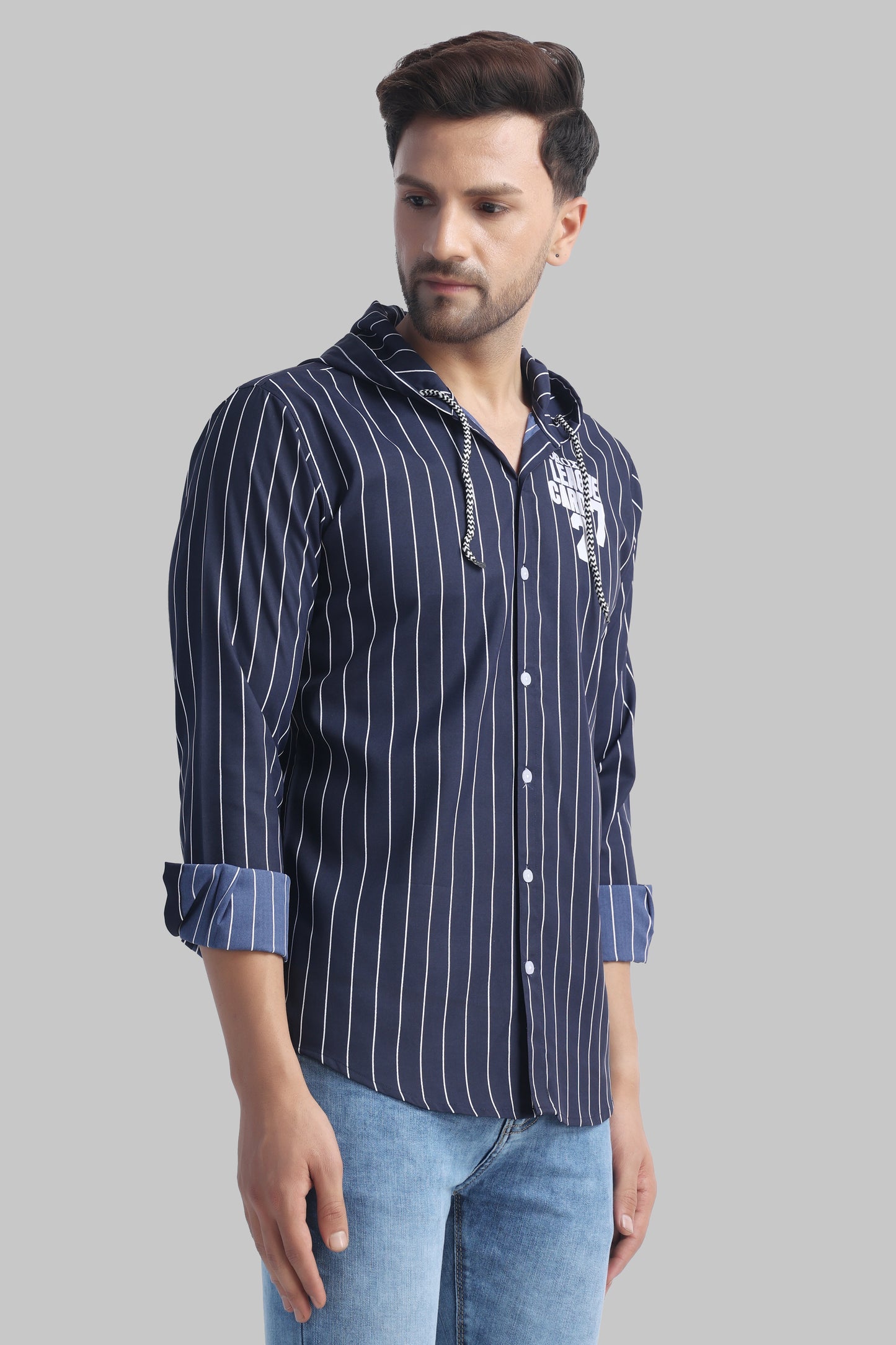 SUR-T Men's Regular Fit Striped Ribbed Collar Casual Navy Blue Shirt