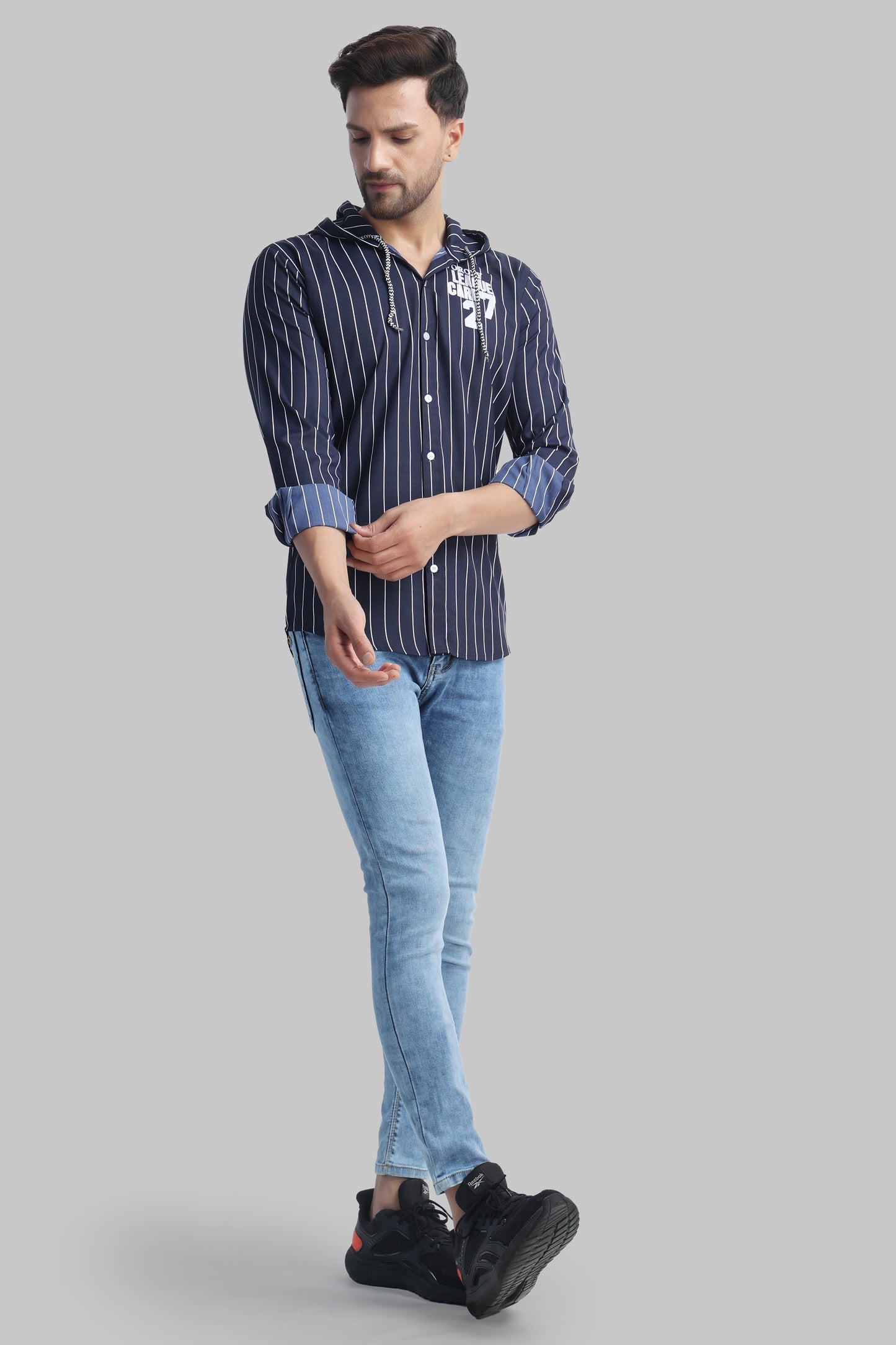 SUR-T Men's Regular Fit Striped Ribbed Collar Casual Navy Blue Shirt