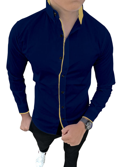 Men's Liner Design Slim Fit Navy Blue Cotton Shirt