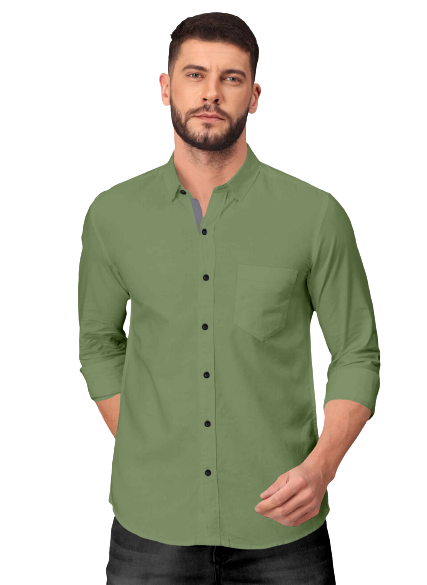 Men's Solid Plain Design Slim Fit Olive Cotton Shirt