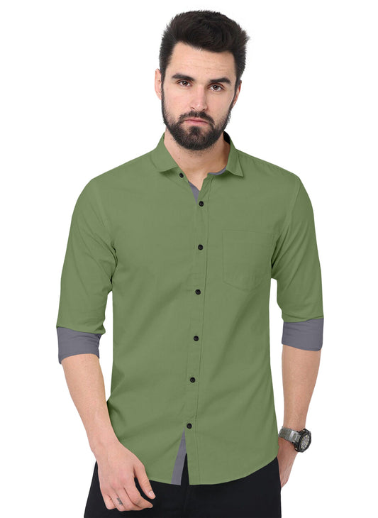 Men's Solid Plain Design Slim Fit Olive Cotton Shirt