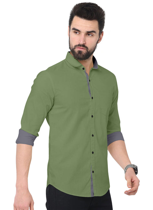 Men's Solid Plain Design Slim Fit Olive Cotton Shirt