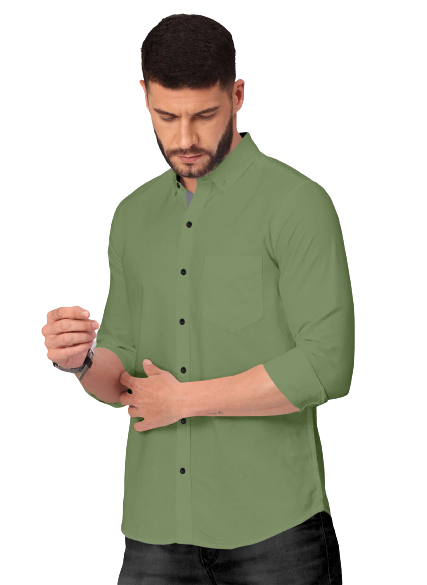 Men's Solid Plain Design Slim Fit Olive Cotton Shirt