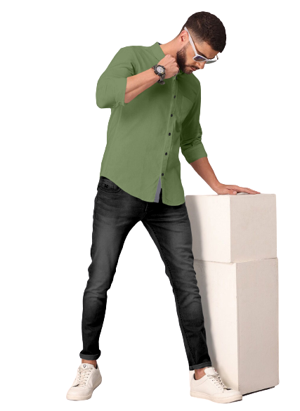 Men's Solid Plain Design Slim Fit Olive Cotton Shirt
