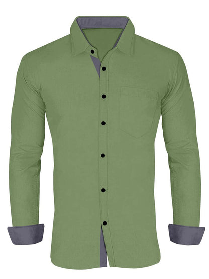 Men's Solid Plain Design Slim Fit Olive Cotton Shirt