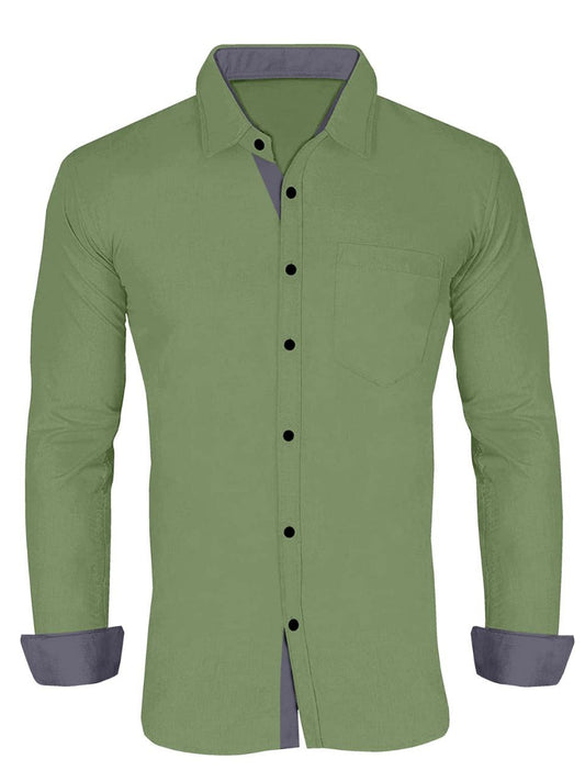 Men's Solid Plain Design Slim Fit Olive Cotton Shirt
