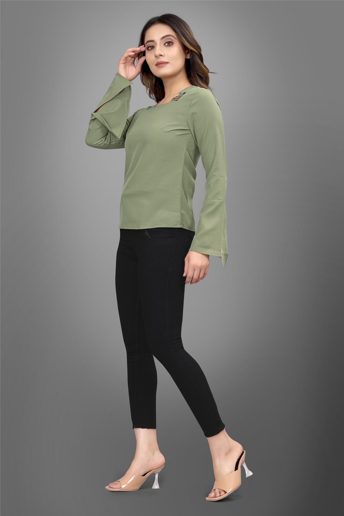 SUR-T Regular Sleeves Solid Velvet Women Olive Green Top