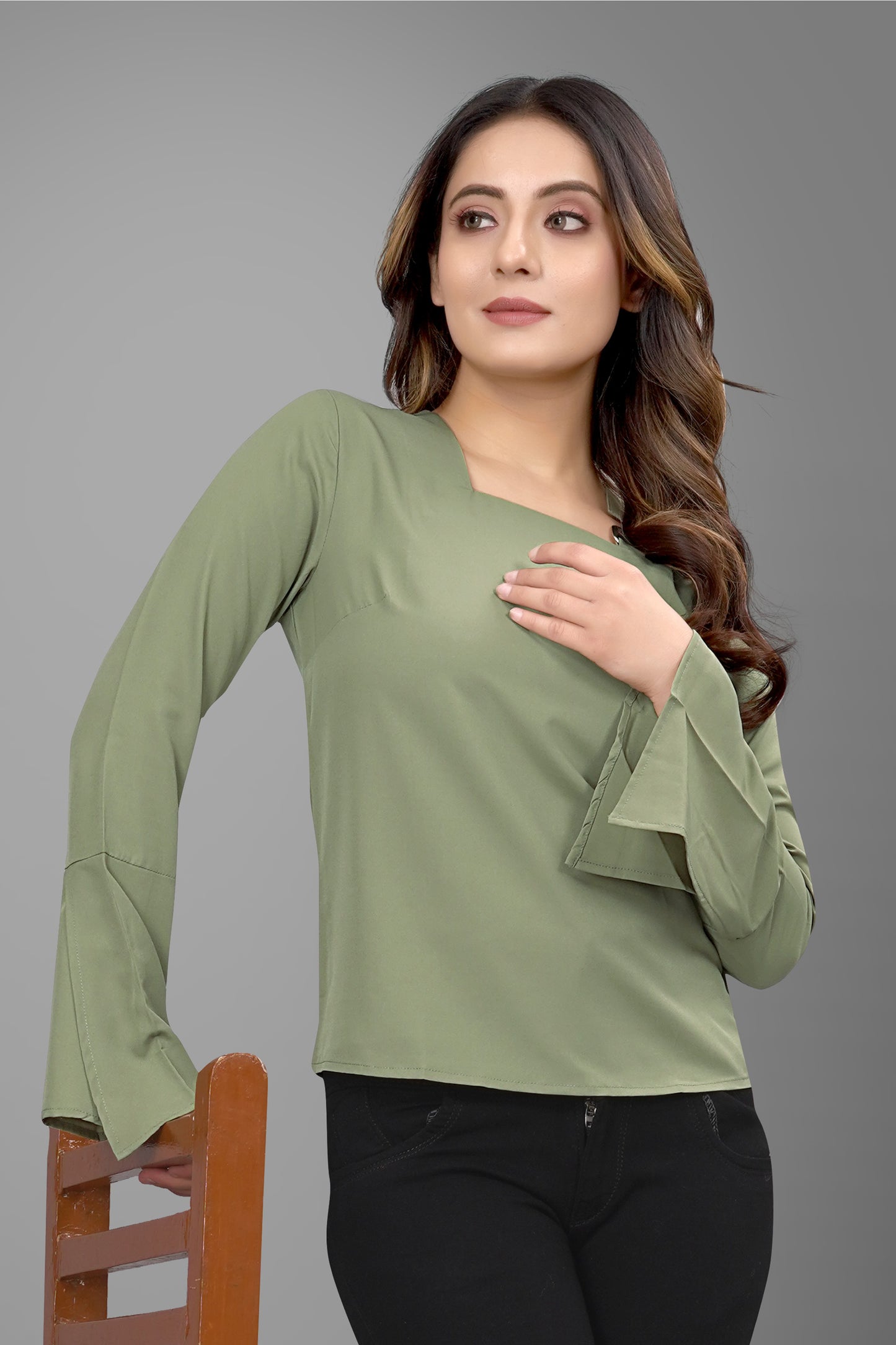 SUR-T Regular Sleeves Solid Velvet Women Olive Green Top