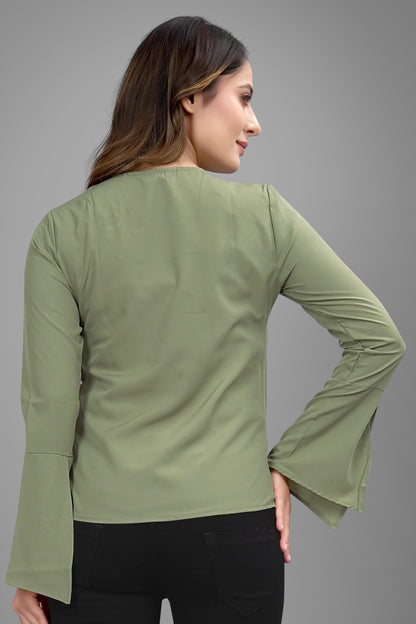 SUR-T Regular Sleeves Solid Velvet Women Olive Green Top