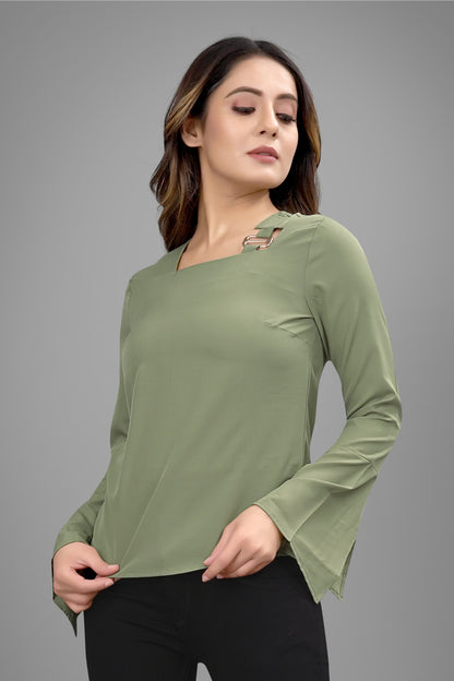 SUR-T Regular Sleeves Solid Velvet Women Olive Green Top