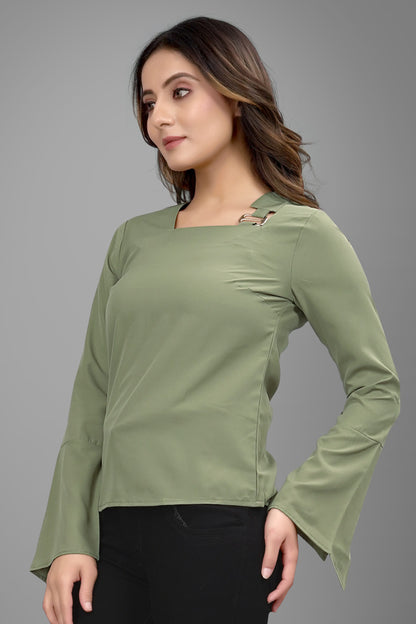 SUR-T Regular Sleeves Solid Velvet Women Olive Green Top