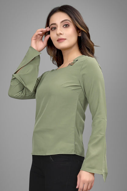 SUR-T Regular Sleeves Solid Velvet Women Olive Green Top