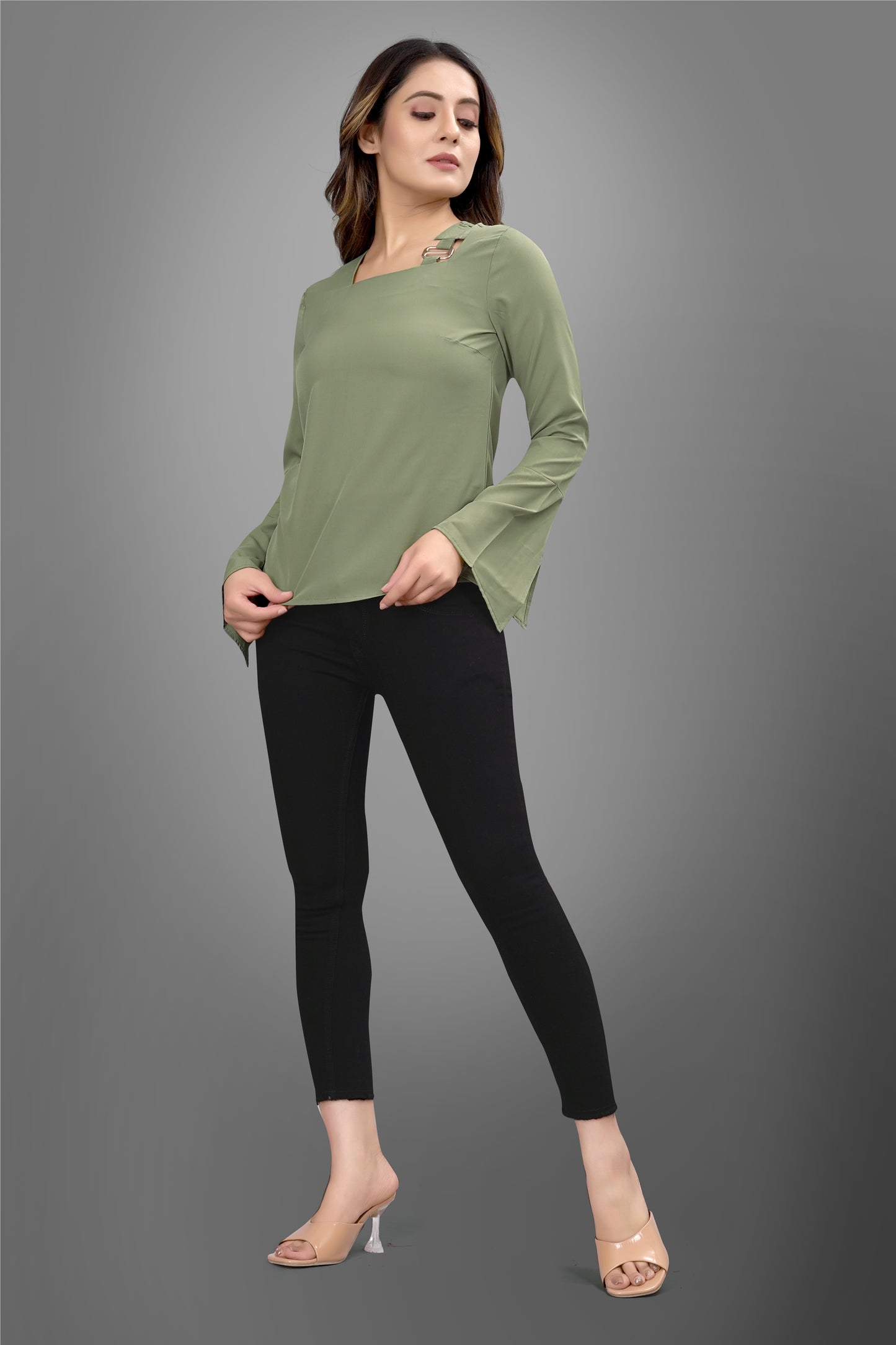 SUR-T Regular Sleeves Solid Velvet Women Olive Green Top