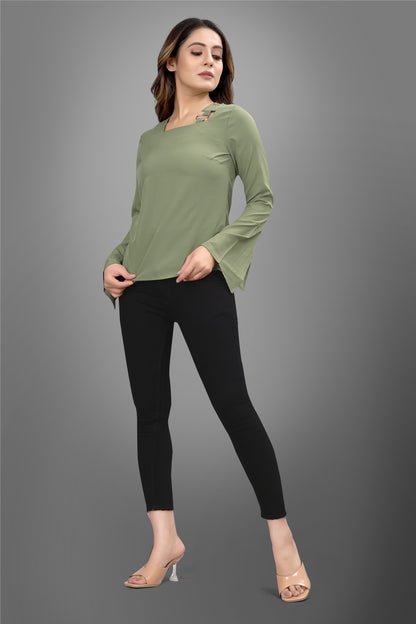 SUR-T Regular Sleeves Solid Velvet Women Olive Green Top