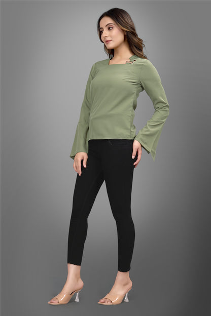 SUR-T Regular Sleeves Solid Velvet Women Olive Green Top