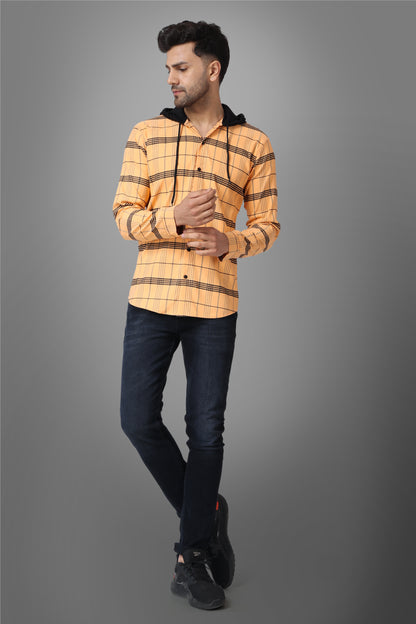 SUR-T Men's Regular Fit Checkered Hood Collar Casual Orange Classic Hoodie Shirt