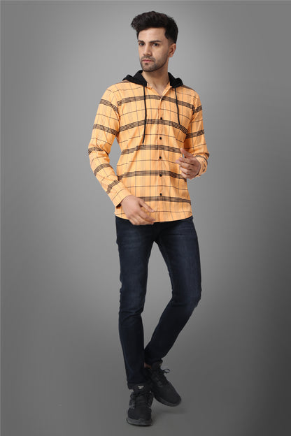 SUR-T Men's Regular Fit Checkered Hood Collar Casual Orange Classic Hoodie Shirt