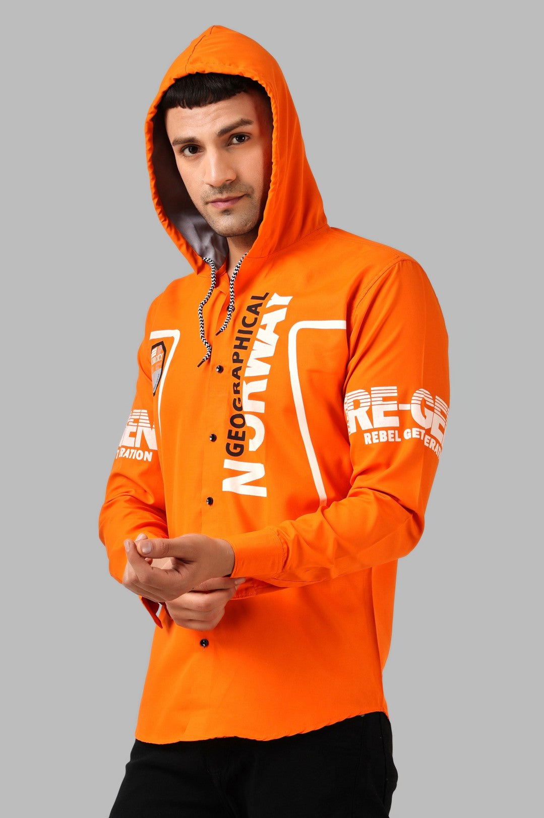 SUR-T Men's Regular Fit Printed Ribbed Collar Casual Orange Classic Hoodie Shirt