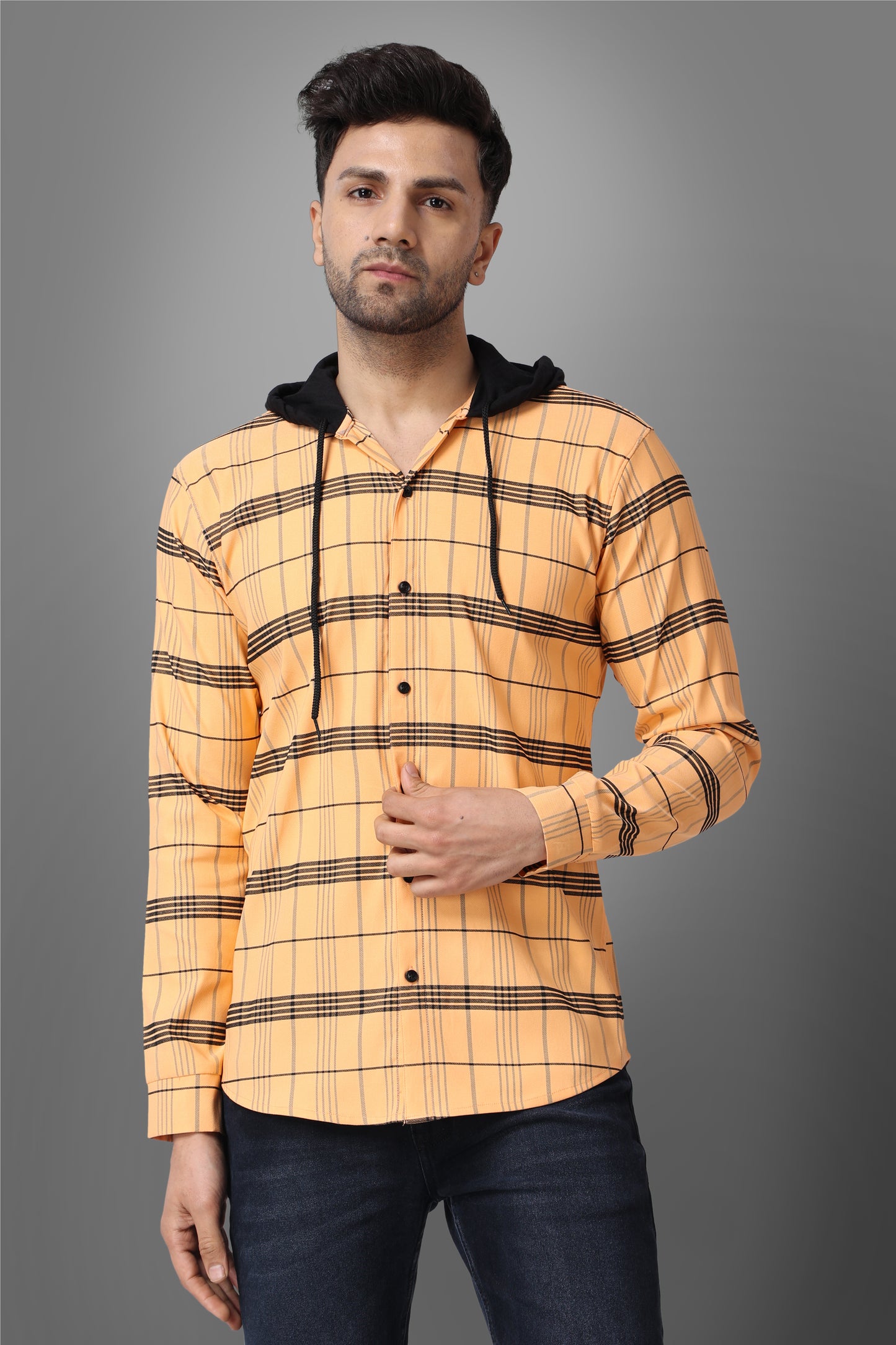 SUR-T Men's Regular Fit Checkered Hood Collar Casual Orange Classic Hoodie Shirt