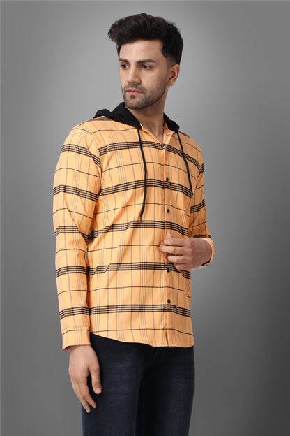 SUR-T Men's Regular Fit Checkered Hood Collar Casual Orange Classic Hoodie Shirt