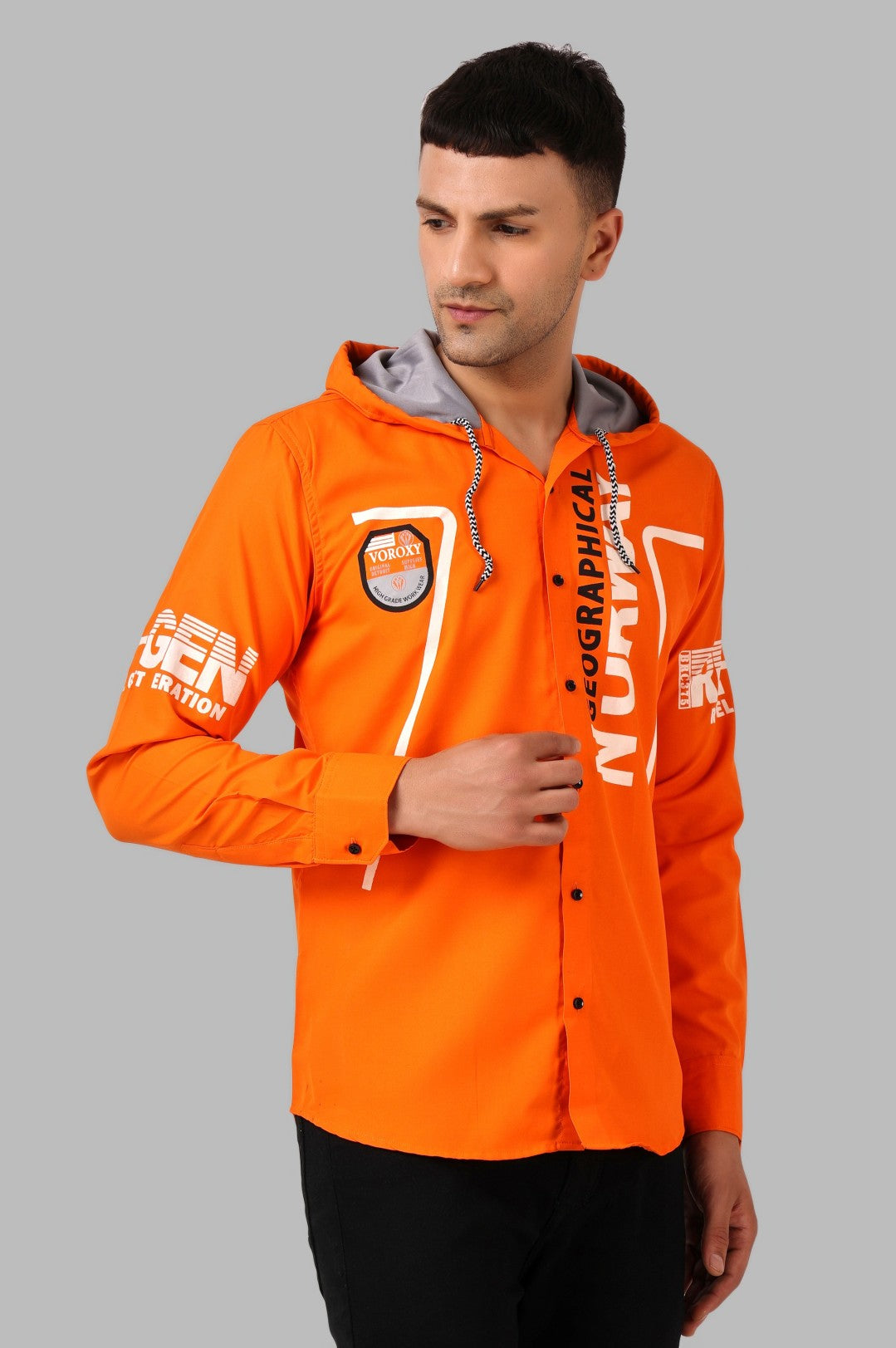 SUR-T Men's Regular Fit Printed Ribbed Collar Casual Orange Classic Hoodie Shirt