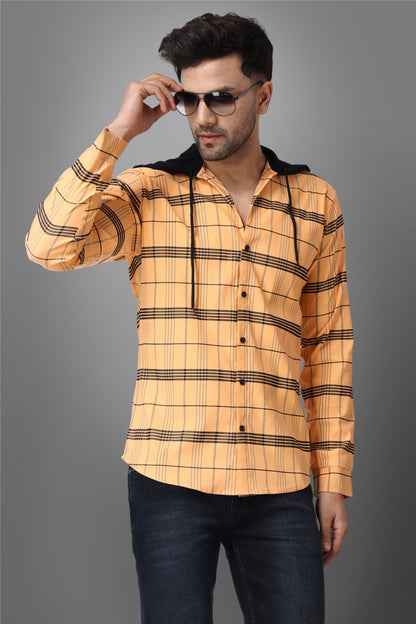 SUR-T Men's Regular Fit Checkered Hood Collar Casual Orange Classic Hoodie Shirt