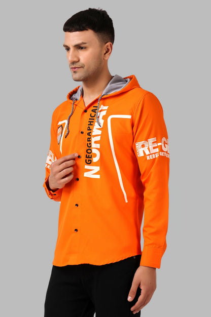 SUR-T Men's Regular Fit Printed Ribbed Collar Casual Orange Classic Hoodie Shirt