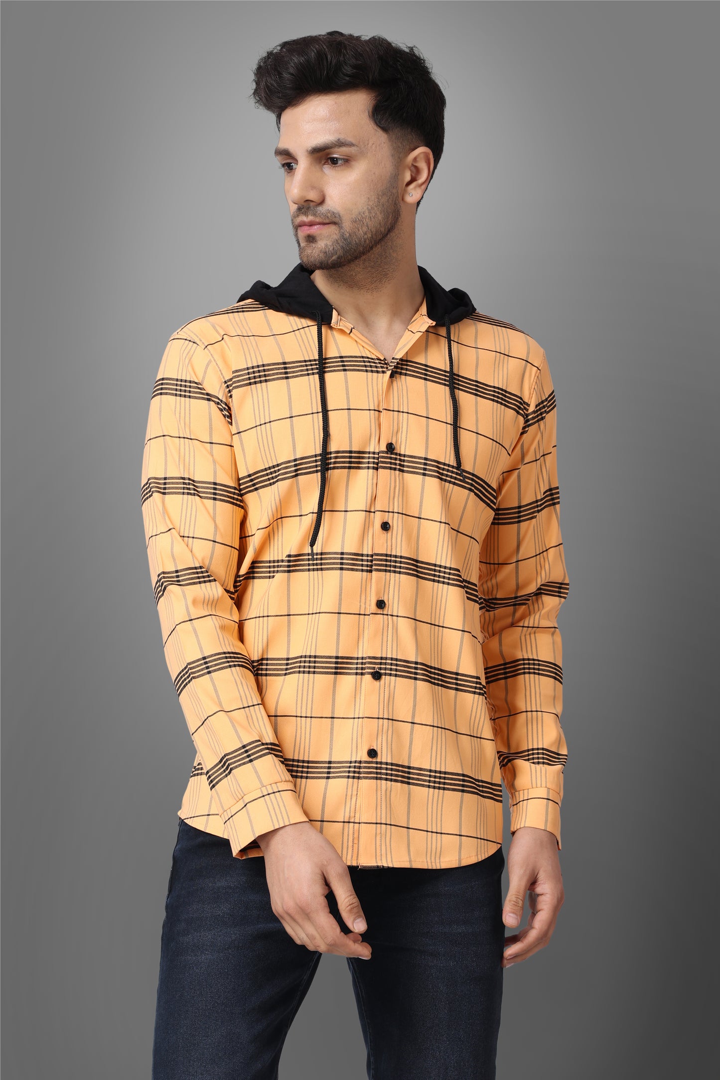 SUR-T Men's Regular Fit Checkered Hood Collar Casual Orange Classic Hoodie Shirt