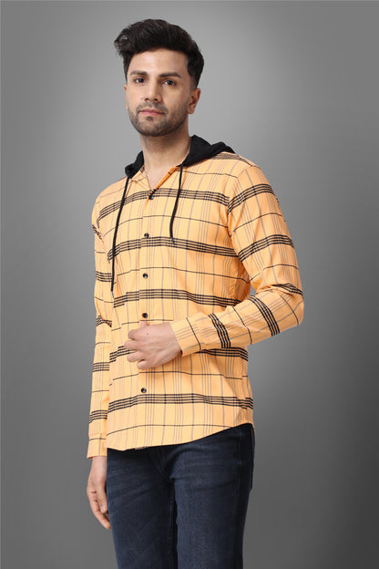 SUR-T Men's Regular Fit Checkered Hood Collar Casual Orange Classic Hoodie Shirt