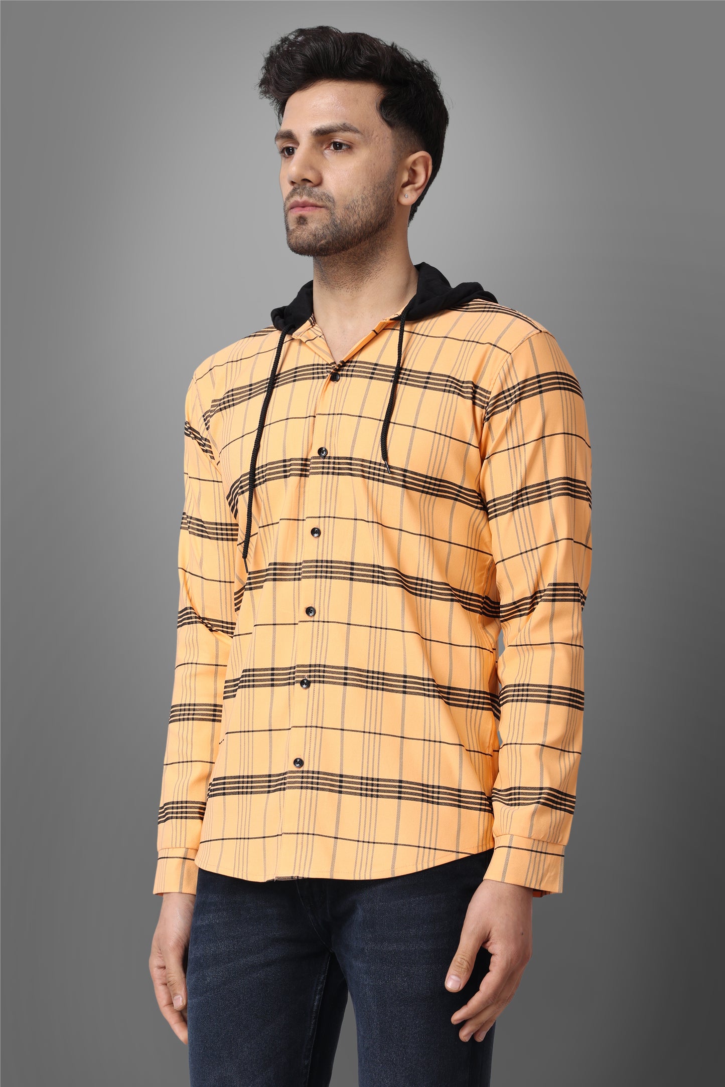 SUR-T Men's Regular Fit Checkered Hood Collar Casual Orange Classic Hoodie Shirt