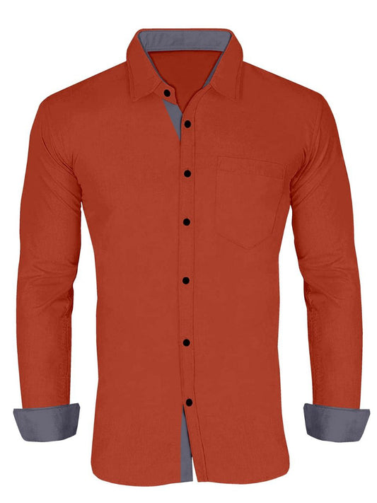 Men's Solid Plain Design Slim Fit Orange Cotton Shirt