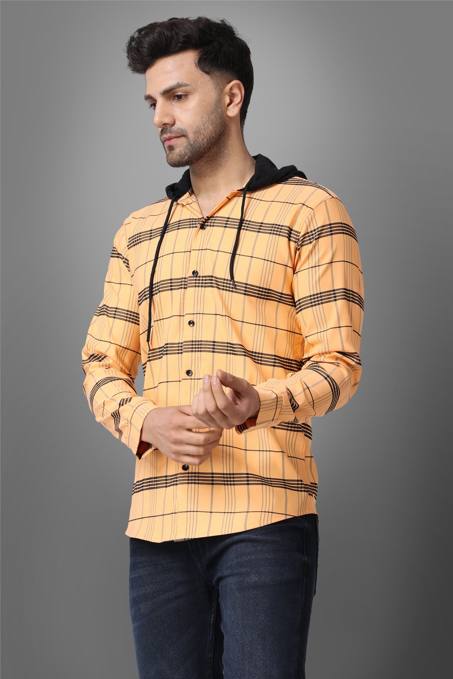 SUR-T Men's Regular Fit Checkered Hood Collar Casual Orange Classic Hoodie Shirt