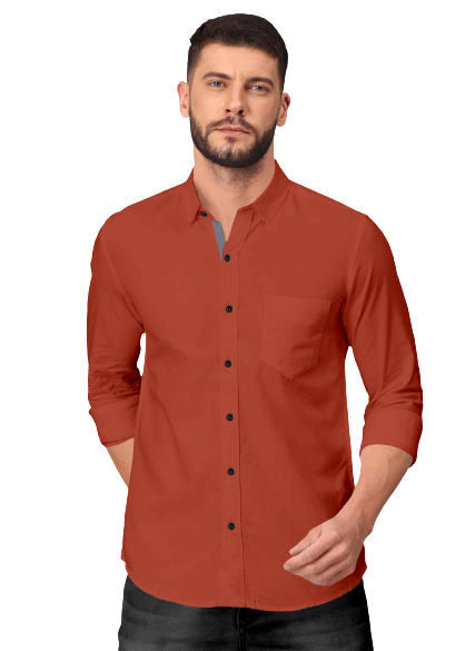 Men's Solid Plain Design Slim Fit Orange Cotton Shirt