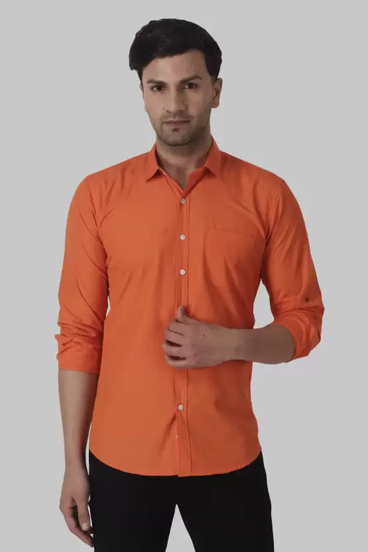 Men's Regular Fit Solid Spread Collar Casual Orange Shirt