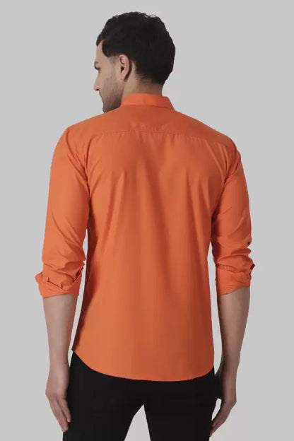 Men's Regular Fit Solid Spread Collar Casual Orange Shirt
