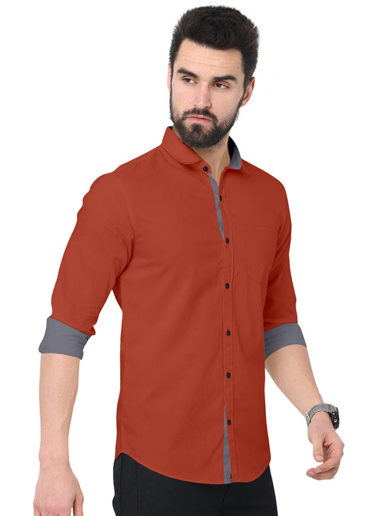 Men's Solid Plain Design Slim Fit Orange Cotton Shirt