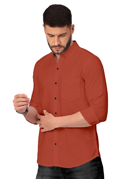 Men's Solid Plain Design Slim Fit Orange Cotton Shirt