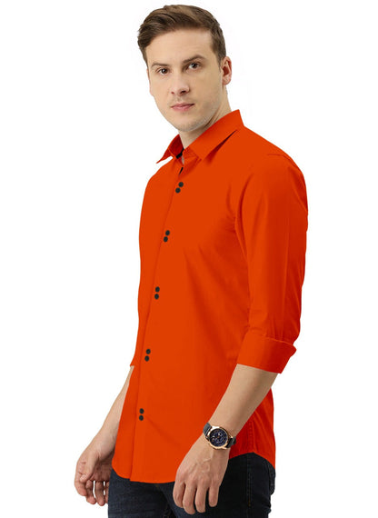 Men's Solid Slim Fit Cotton Double Button Orange Shirt