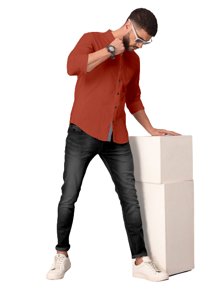 Men's Solid Plain Design Slim Fit Orange Cotton Shirt