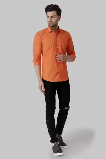 Men's Regular Fit Solid Spread Collar Casual Orange Shirt