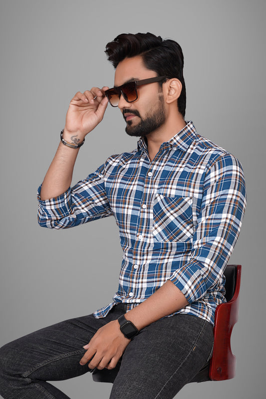 SUR-T Men Regular Fit Checkered Spread Collar Casual Blue Shirt