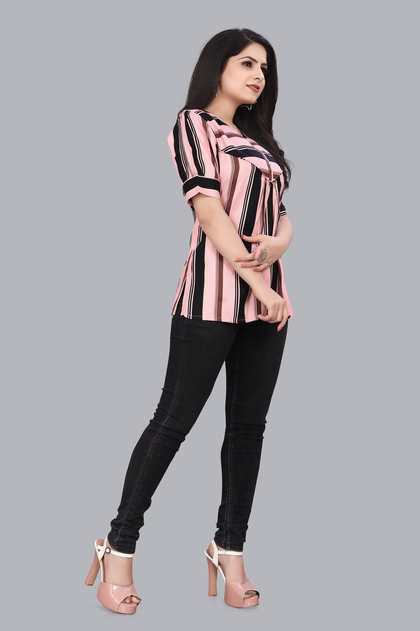 SUR-T Casual Regular Sleeves Striped Women Peach Top