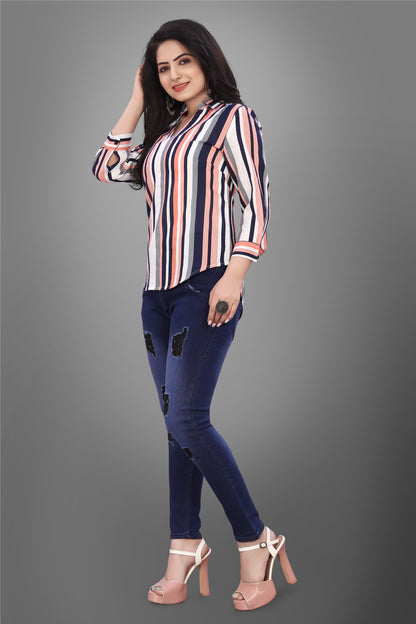 SUR-T Casual Regular Sleeves V-Shape Striped Women Peach Top