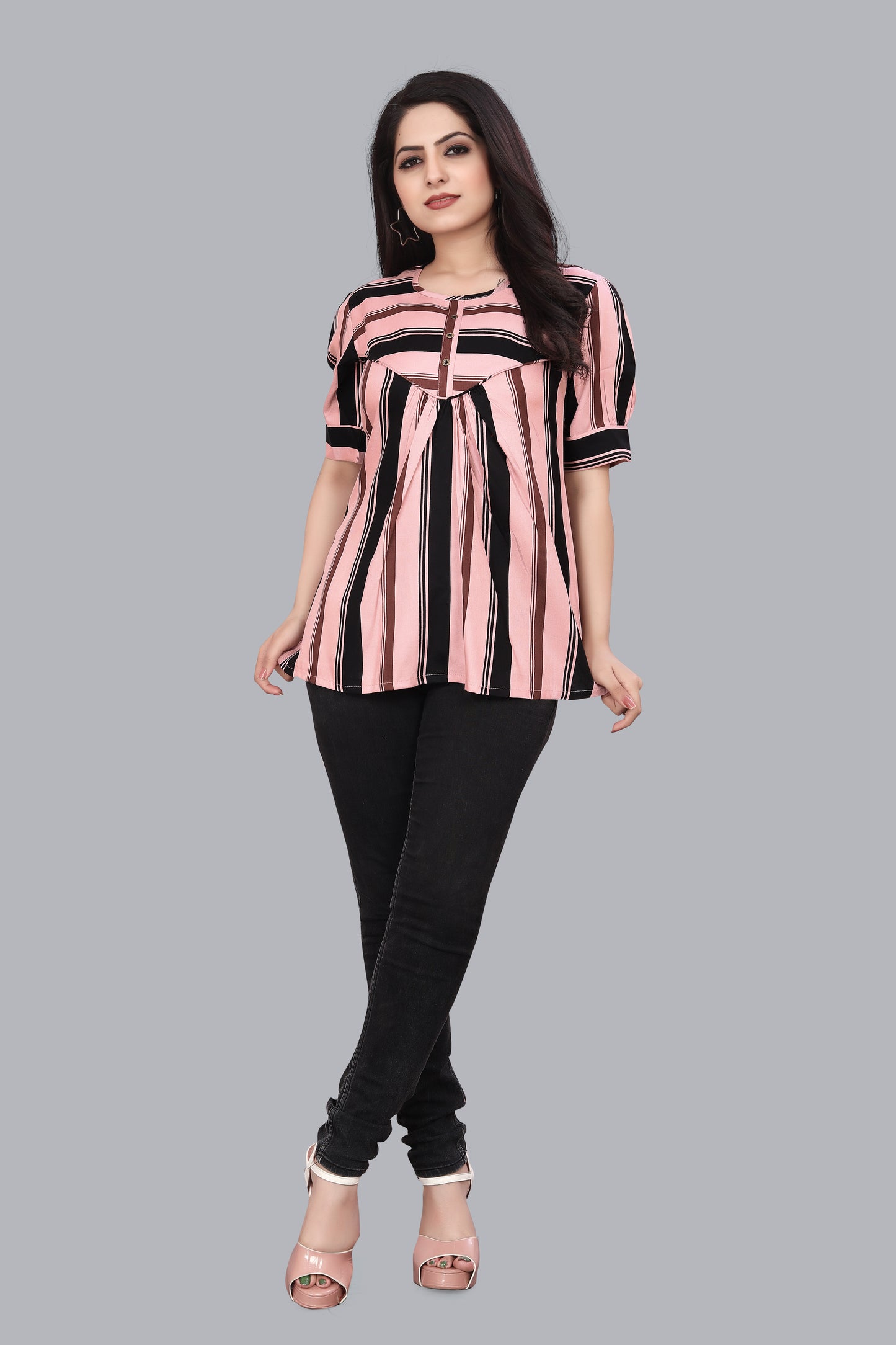 SUR-T Casual Regular Sleeves Striped Women Peach Top