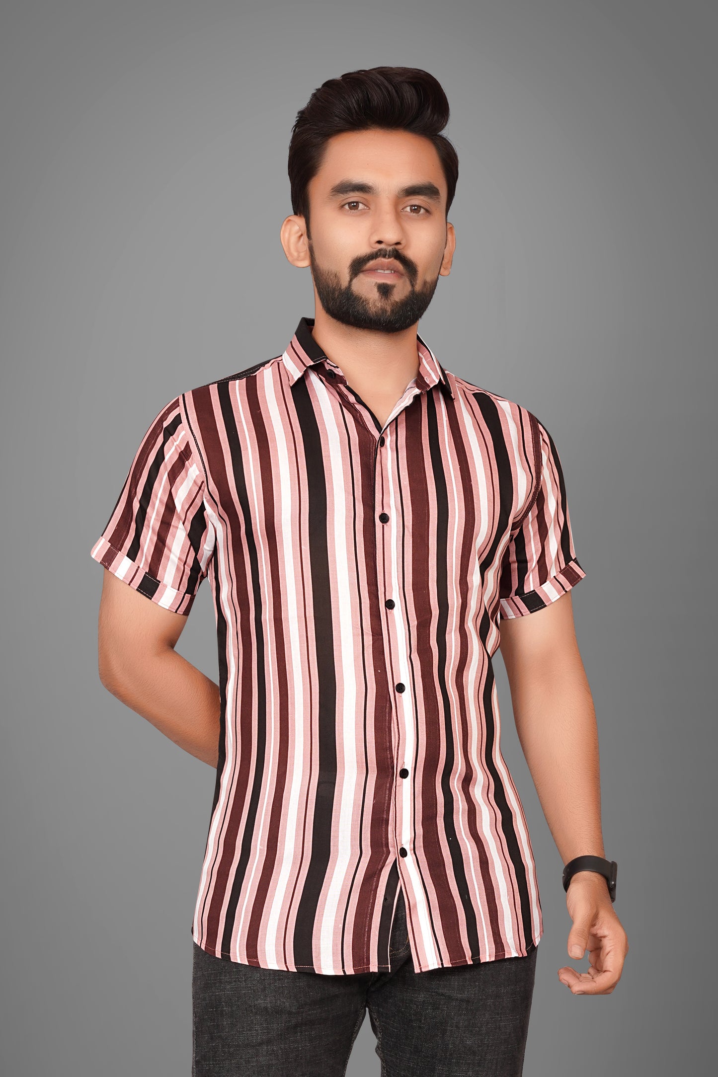 SUR-T Men Regular Fit Striped Spread Collar Casual Peach Shirt