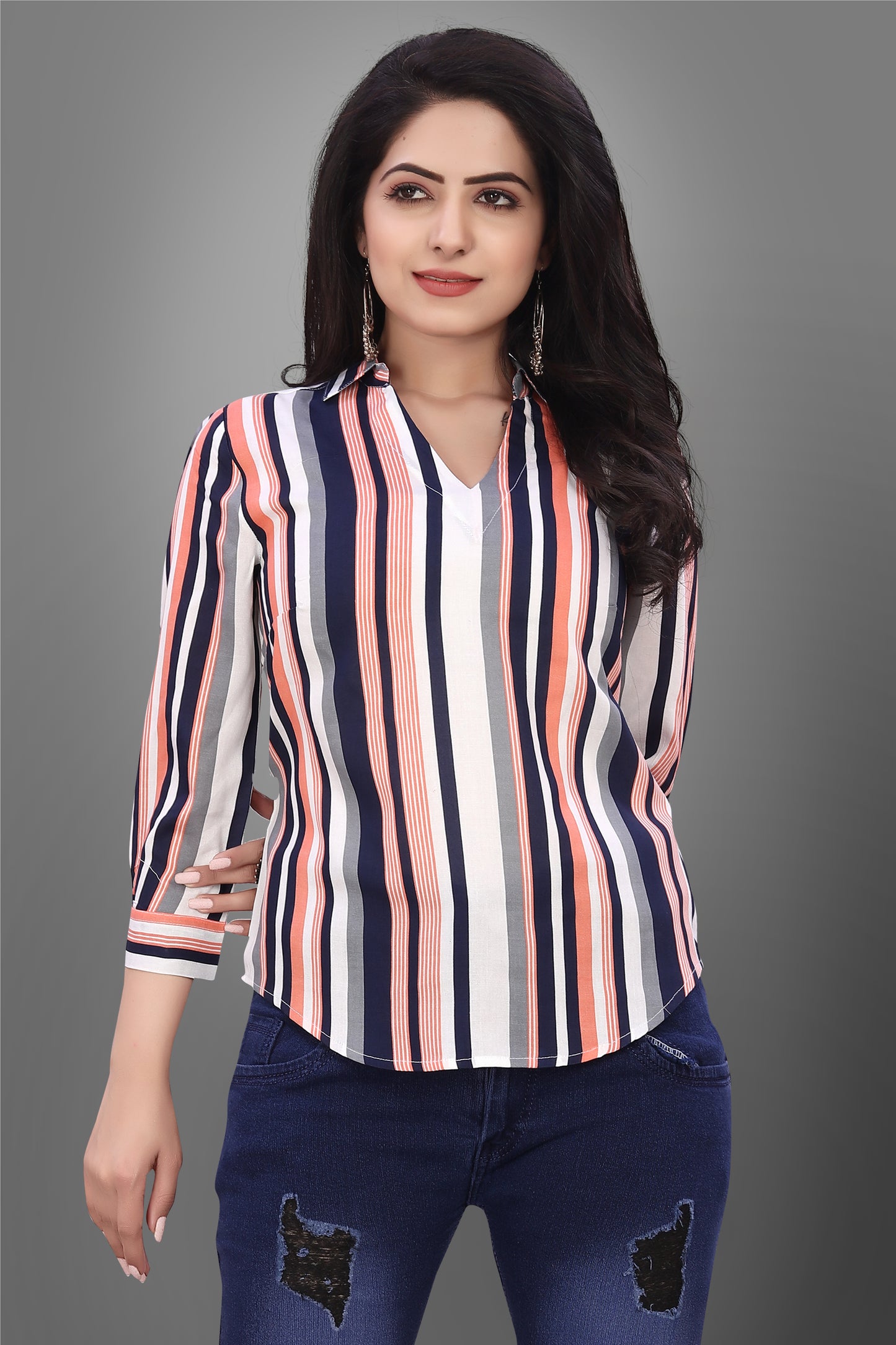 SUR-T Casual Regular Sleeves V-Shape Striped Women Peach Top